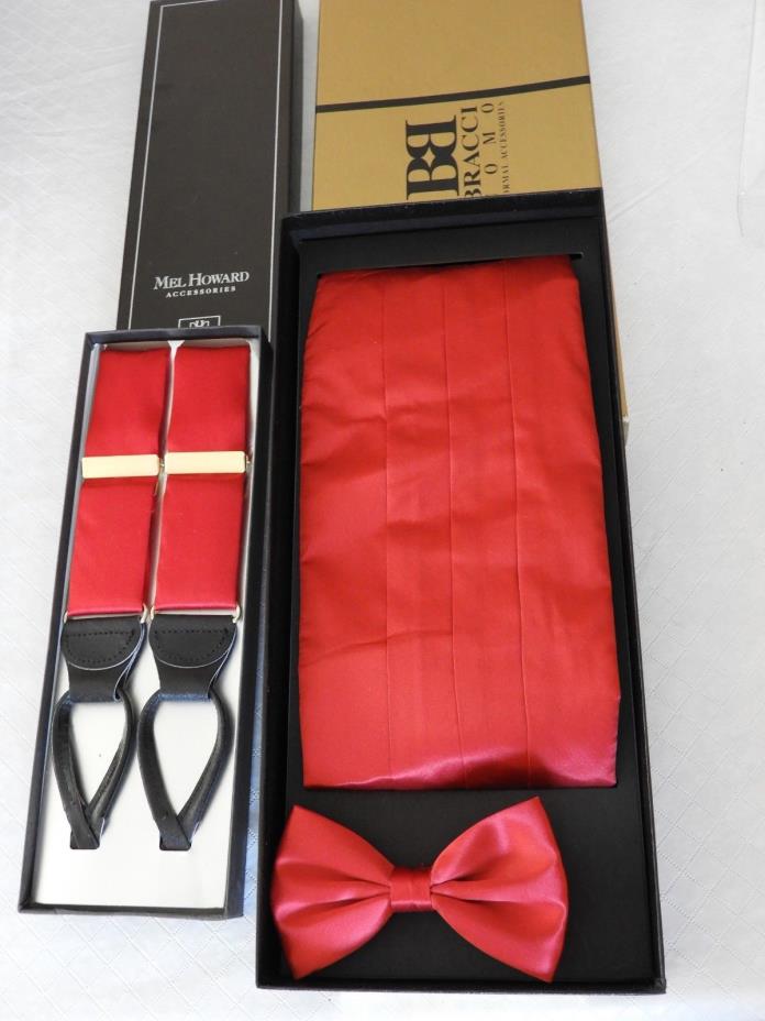 Mel Howard Designer Men's Silk Red One Size Dress Suspenders Cummerbund & Tie