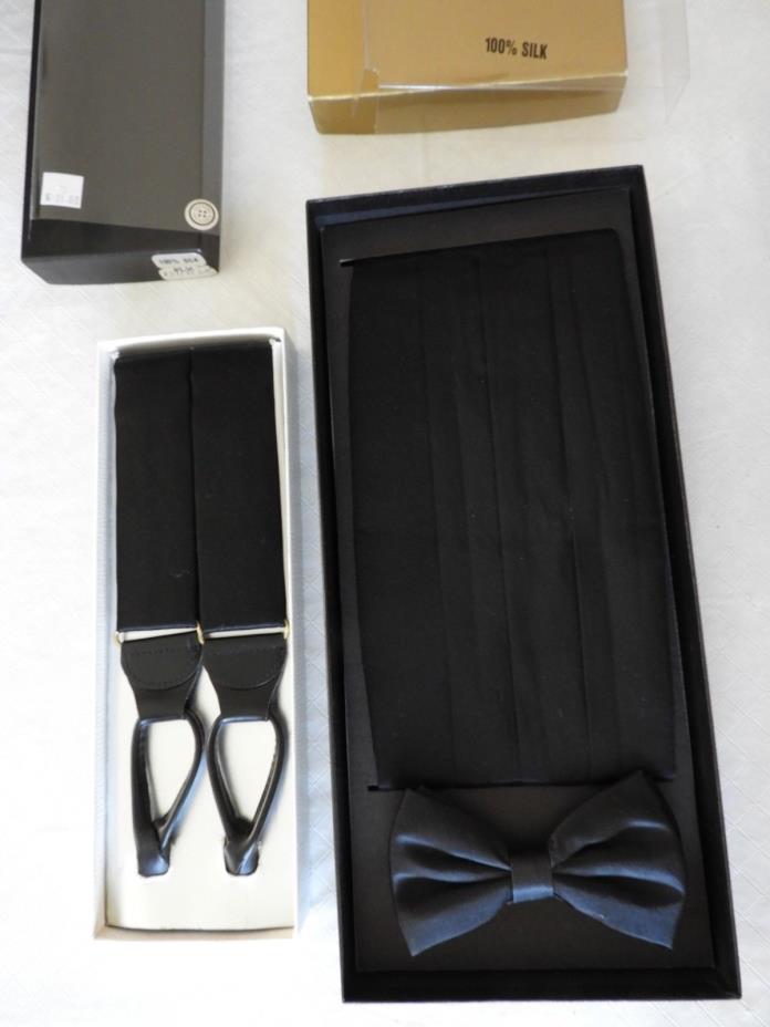 Mel Howard Designer Men's Silk Black One Size Dress Suspenders Cummerbund & Tie