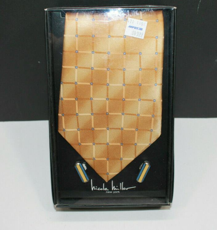 Tie & Cufflink Set by Nicole Miller Orange Yellow Blue Brand New Square Pattern