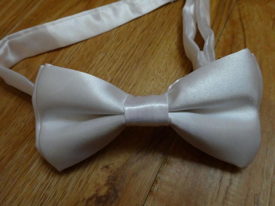 Vtg 80s BOW TIE Prom Satin Simple WHITE Adjustable Wedding FORMALParty