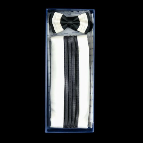 $495 NIB ITALO FERRETTI White Black Polka Dot 100% Silk Cummerbund Bow Tie Set