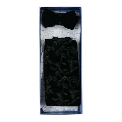 $495 NIB ITALO FERRETTI Solid Black Floral Velvet Silk Cummerbund Bow Tie Set