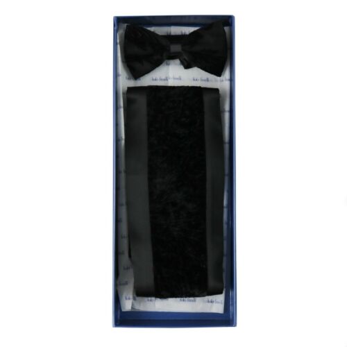 $495 NIB ITALO FERRETTI Solid Black Crushed Velvet Silk Cummerbund Bow Tie Set