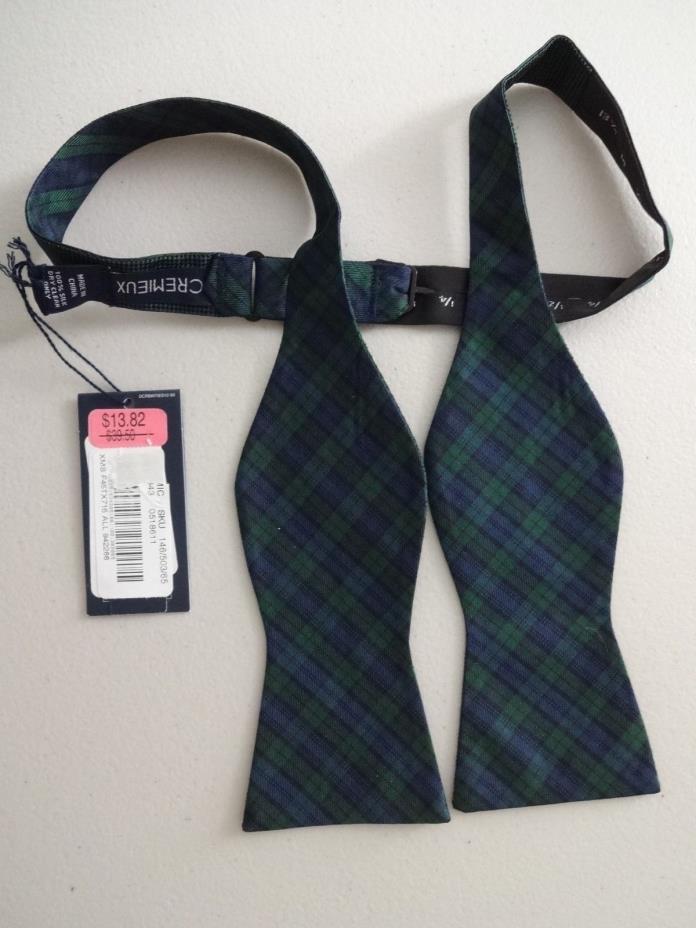 CREMIEUX Mens Blue Green Plaid Adjustable 100% Silk Self-Tie Bow Tie NWT$39