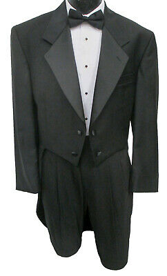 Men's Black Tailcoat Full Dress 100% Wool Satin Notch Lapels Wedding Mason 41L