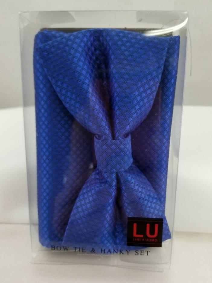 Linea Uomo (LU)  Blue Adjustable Bow Tie & Hanky Pocketsquare Set NEW in Box   >