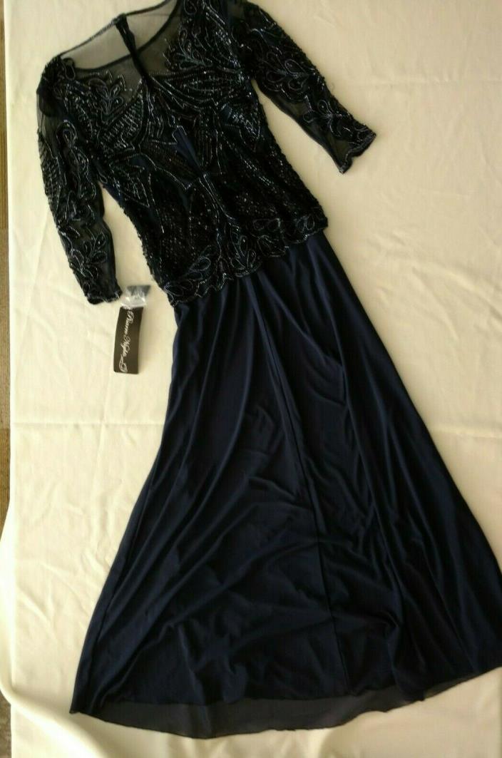 Pisarro Nights 2P Navy Blue Sequin Beads Long Sheer Sleeve Flared Skirt Gown