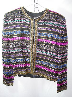 WOMENS BLACK PINK BLUE BEADED MOTHER OF THE BRIDE JACKET EVENING SHIRT SIZE M 40