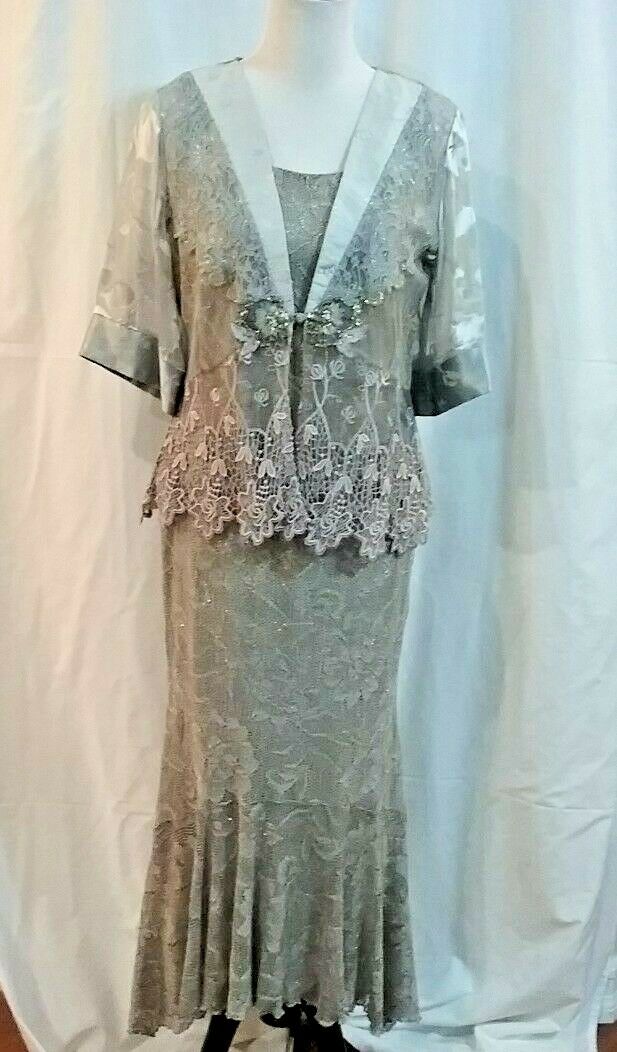 Spencer Alexis 3 Pc Womens Skirt Tank (S) Jacket (PM ) Grey Gold Metallic Lace