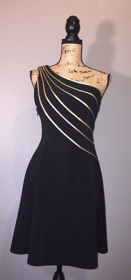 Vintage Joseph Ribkoff Women’s US 8 Black One Shoulder Gold Line Cocktail Dress
