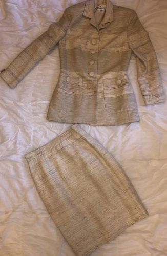 George Simonton Sz 10 Cream Taupe Silk Skirt Suit Formal Mother Bride Office