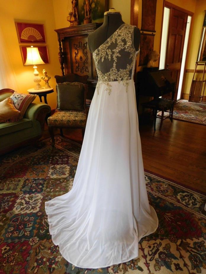BEAUTIFUL WHITE WEDDING GOWN ONE SHOULDER CHIFFON WITH BEADED LACE SIZE 4
