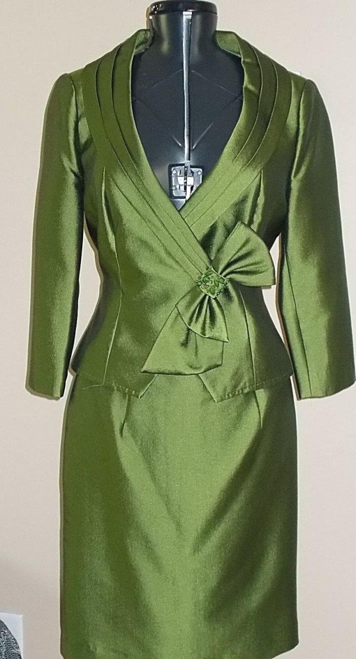 Kay Unger Olive Green Silk/Wool Blend 2 Piece Wedding Party Outfit - Size 6