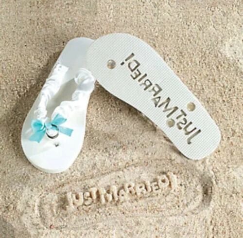 NEW Bride Just Married White Message in Sand Flip Flops Wedding Sandals L 9 10