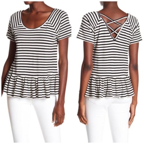 Lucky Brand Womens Criss Cross Back Peplum Striped T-Shirt XS Black White