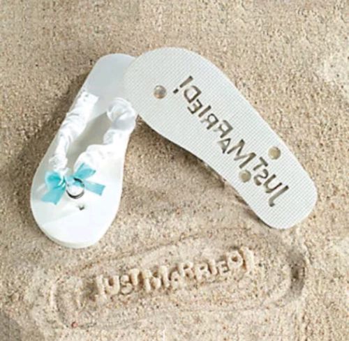 NEW Bride Just Married sz 9/10 White Message in Sand Flip Flops Wedding Sandals
