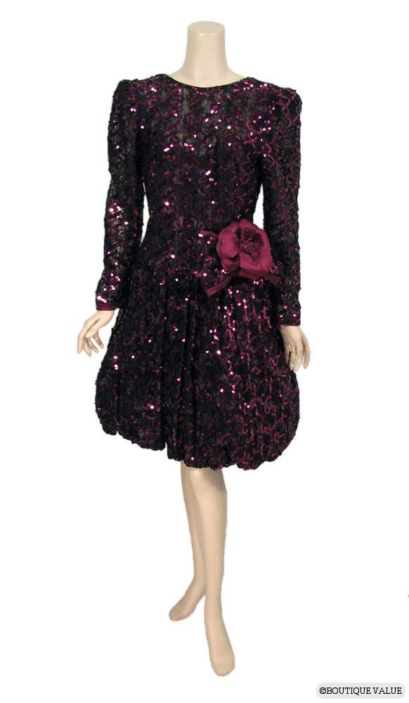Vintage LILLIE RUBIN Black Lace Pink Sequins Party Cocktail Evening Dress SZ 8