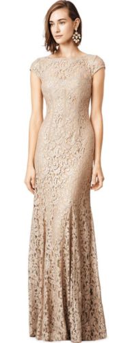 Monique Lhuillier Size 2 Gold Foil Lace Sheath Gown $798 Bridal Formal Prom