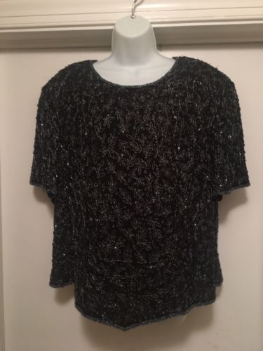 Vtg Papell Boutique Evening Size 3X Women's Top Black Beaded 100% Silk Holiday