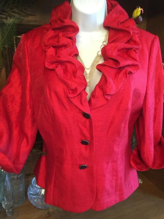 Adrianna Papell Ruffle Collar Shimmer Red Jacket 12 Blk Rhinestone Buttons