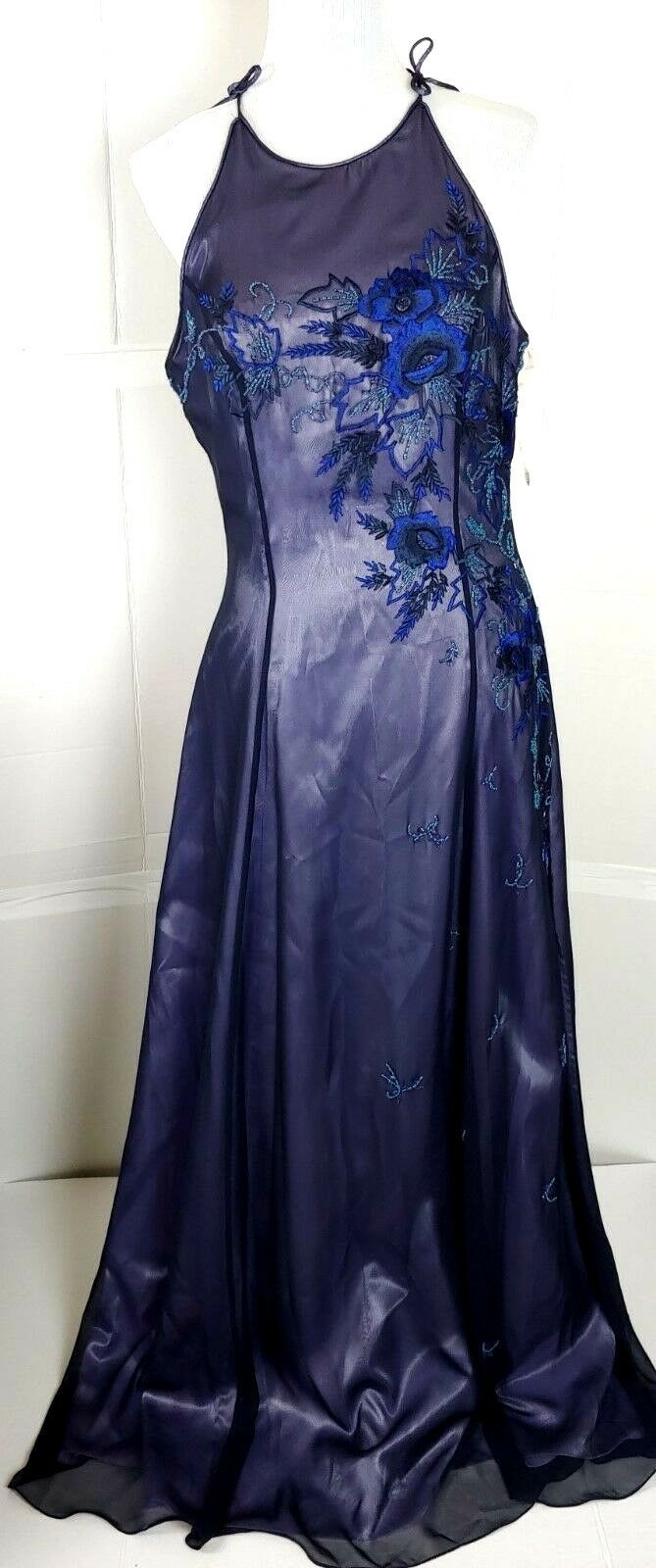 Vintage Formal Dress Navy Embroidered Bead Homecoming Prom Evening Sz 14 NWT