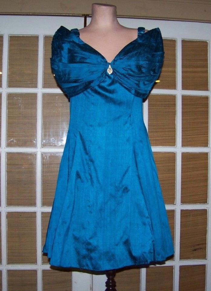 Vintage 1990 Scott Mclintock Peacock Blue Silk Off Shoulder Party Dress Size 14