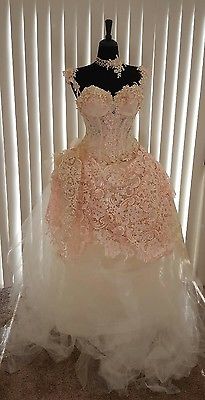 Victorian Blush Champagne Ivory Corset Embroidered Lace Tulle Wedding Ball Gown