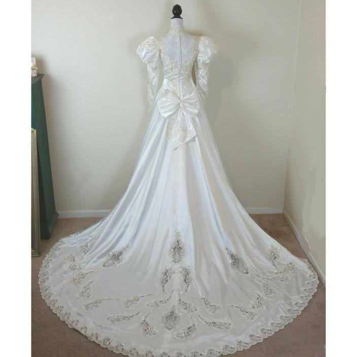 Vtg 80’s Demetrios Wedding Dress Beads Lace Sequins Long Train Size 8 STUNNING!