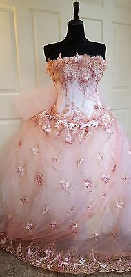 Blush Pink White & Gold Corset Embroidered Lace Wedding Bridal Ball Gown