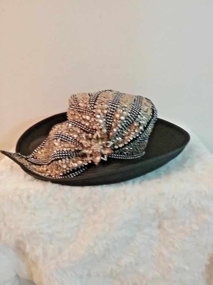 NWOT Whittall & Shon Black  Silver Rhinestones STUNNING Adjustable FORMAL HAT.