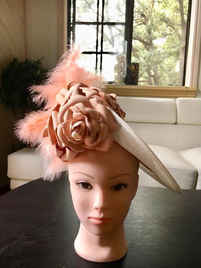 Peach, Fascinator, Formal, Floral, Pearl, Church, Derby, Hat, Cocktail, Party