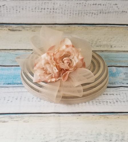 KaKyCo HAT Sundays Church Cream Sheer Brim Flower Bow Kentucky Derby Fancy EUC