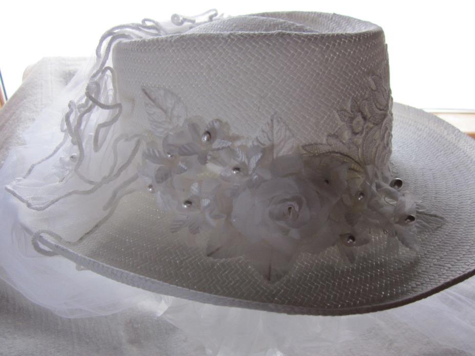 new BRIDAL OPULENCE #RE38 wht WESTERN hat COUNTRY floral lace tulle blusher veil