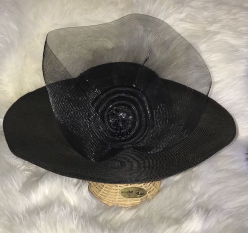 Black Straw Women's Hat Formal Church Wedding Party Tulle  Large Brim Beading