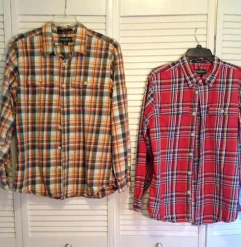 Lot Of 2 Eddie Bauer Men's Flannel Shirt Size Large 100% Cotton Green/Red Plaid