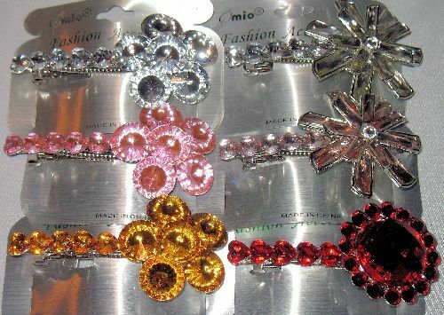 LOT of 6 LARGE BARRETTES GLOSSY ACRYLIC STONES RED, PINK, CLEAR & GOLDEN HONEY