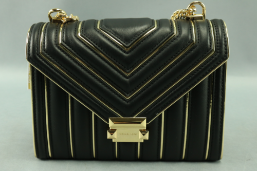 NWT $358 Michael Kors Whitney Quilted Large Black/Gold Striped Shoulder Handbag