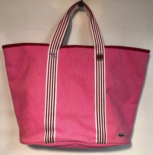 Lacoste Pink White Red Cotton Canvas XL Tote Bag with Mini Pouch