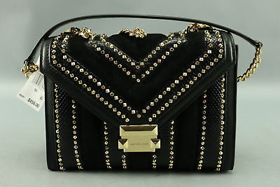 NWT $458 Michael Kors Whitney Large Embellished Black/Gold Shoulder Handbag