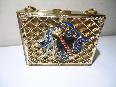 VINTAGE ANTIQUE COMPACT PURSE DRAMA MASK COMEDY TRAGEDY BRASS TONE PEARLS ENAMEL