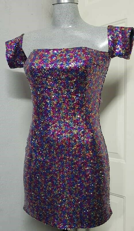 NWT Charlotte womens sequins multicolor bodycon off shoulder dress sz m msrp $29