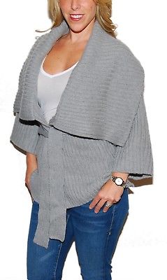 Polo Ralph Lauren Women Cashmere Belted Wrap Cardigan Sweater Coat Gray Medium