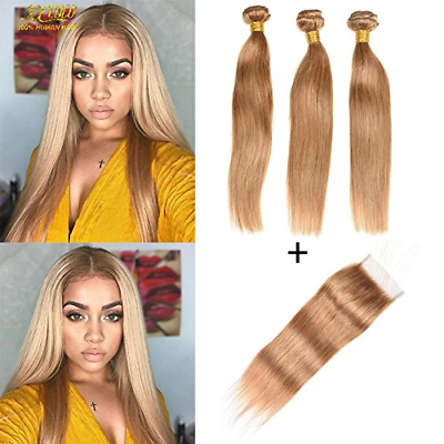 XCCOCO Hair Honey Blonde 3 Bundles Peruvian Silk Straight Hair with 4x4 Lace 8A