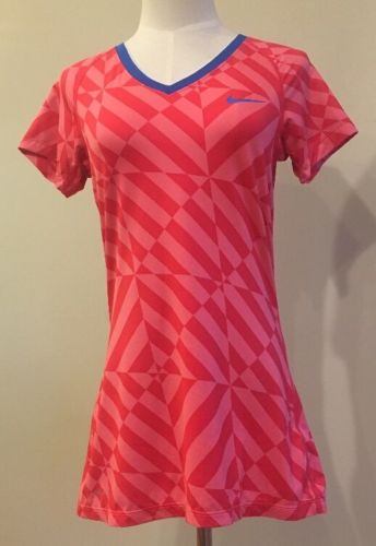 Nike Pro Dri-Fit Fitted Top Red Pink Geometric Women's Medium V Neck Tennis