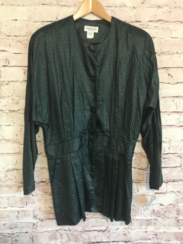 Vtg Tamotsu New York Green Printed Viscose Button Front Pleated Back Size L C33