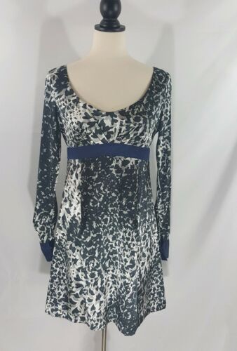 United Colors Of Benetton Dress Sz Small Empire Waist LS Gray Black Navy Lined