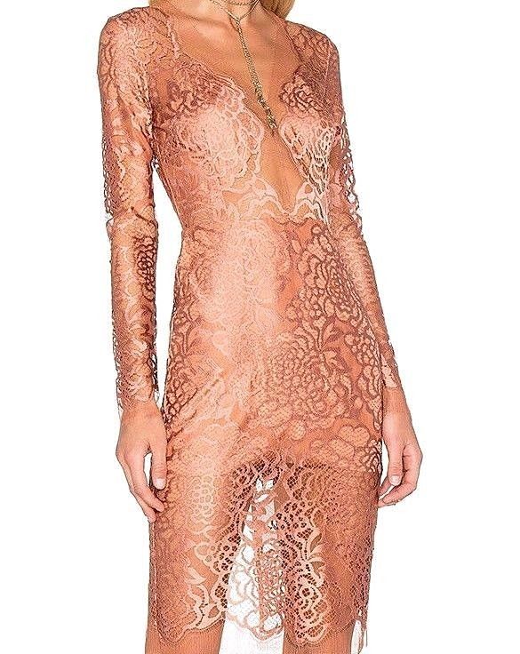 $863 Michelle Mason Floral Leavers Lace Long Sleeve Terracotta Dress IT 38 US 2