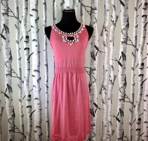 Milly New York Dress Medium Coral Beaded Neckline Keyhole Sleeveless Knit Dress
