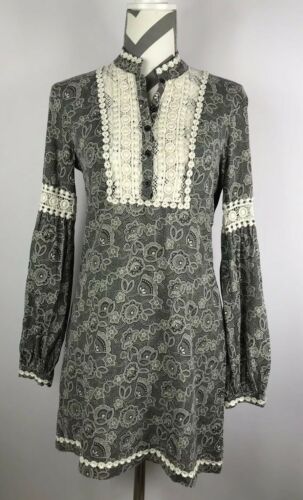 Free People Black White Crochet Accent Long Sleeve Tunic Dress Size 4, Used