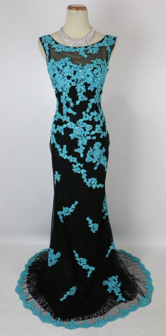 Tony Bowls Size 4 Mermaid Lace Black Turquoise $480 Long Gown Prom Formal NEW